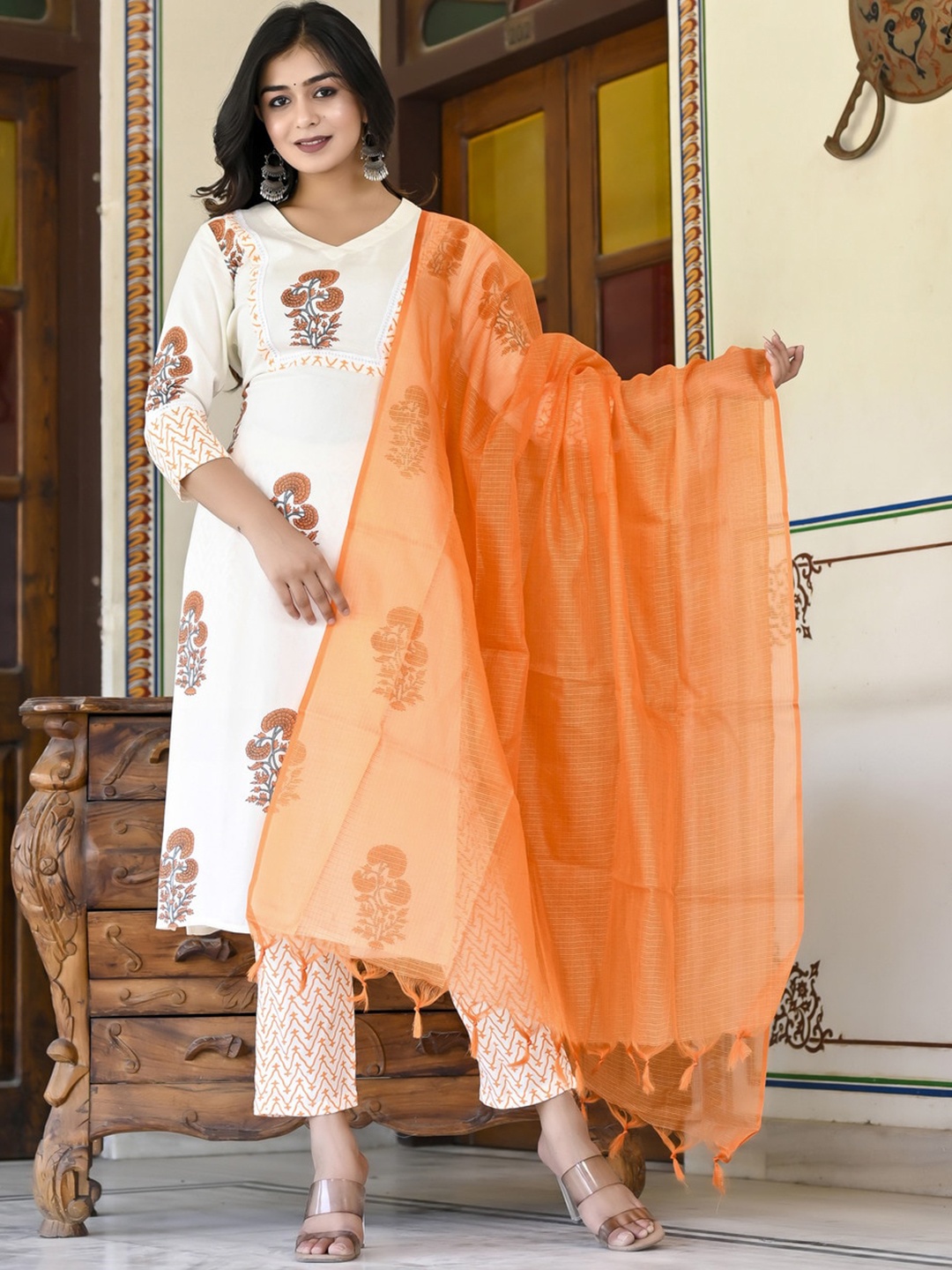 

KALINI Floral Printed V-Neck Regular Kurta With Trousers & Dupatta, Orange