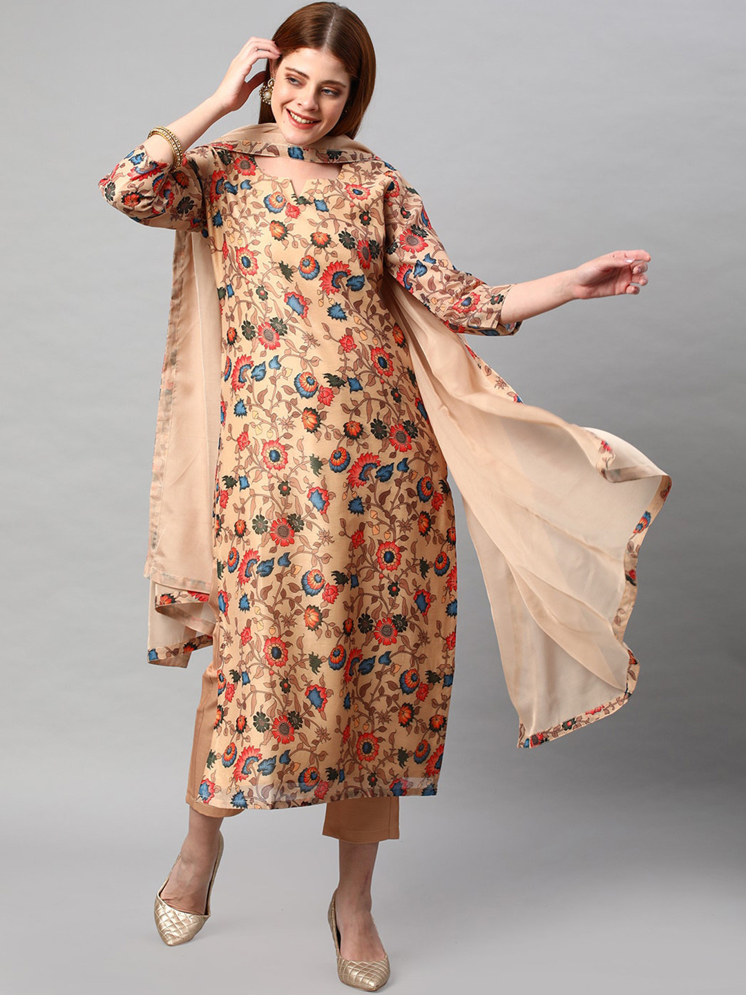

KALINI Floral Printed Regular Kurta With Trousers & Dupatta, Beige
