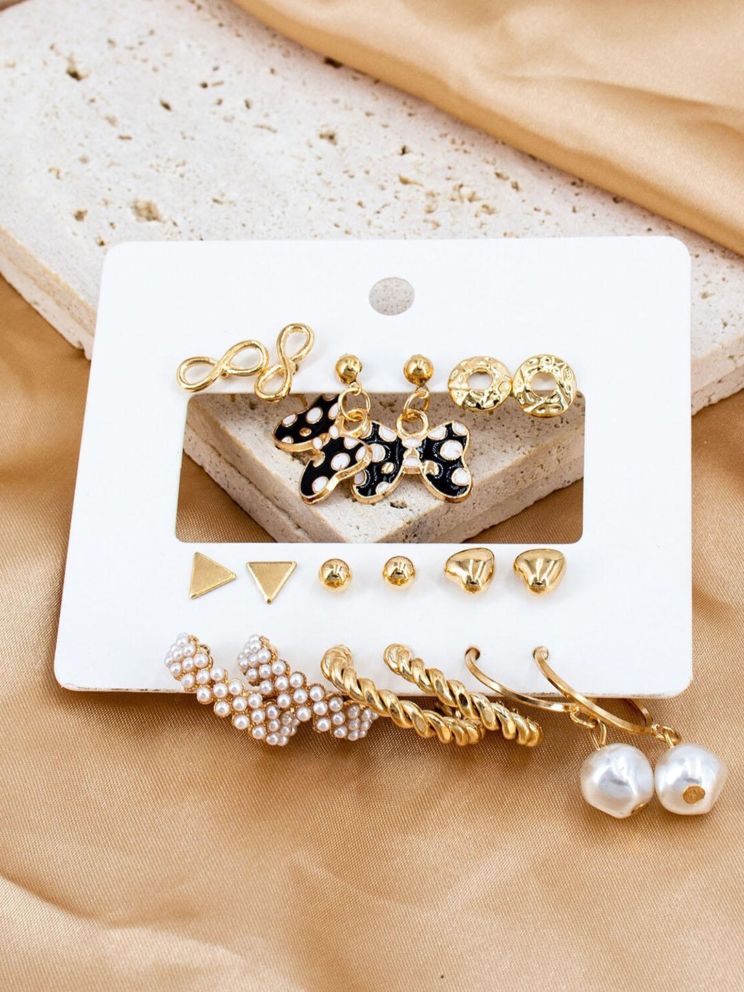 

VIEN Set Of 9 Gold-Plated Geometric Stud Earrings