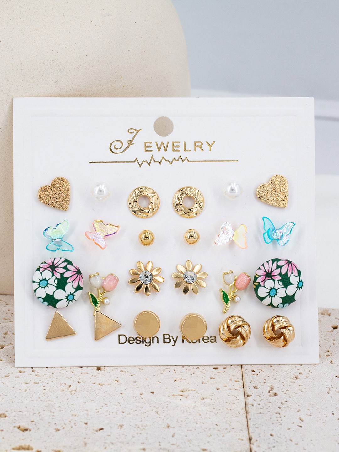 

VIEN Set Of 12 Geometric Studs Earrings, Gold