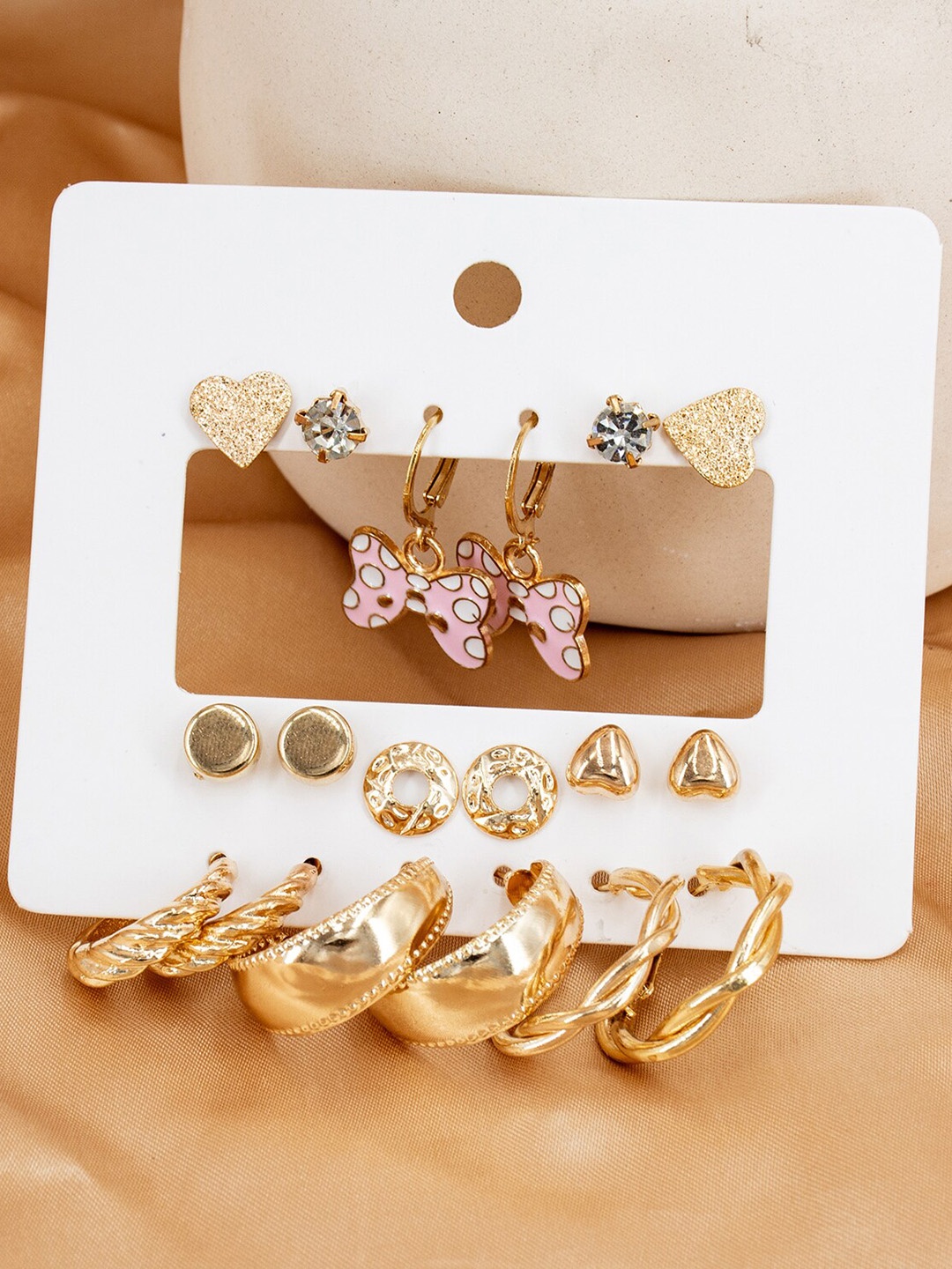 

VIEN Gold-Plated Set Of 9 Geometric Stone Studded Earrings