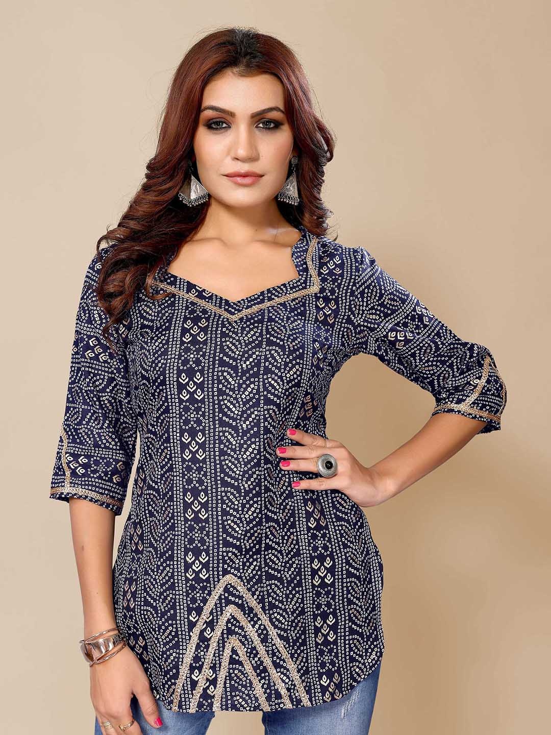 

TITANIUM SILK INDUSTRIES PVT. LTD. Blue Print Ethnic Cotton Lace Top