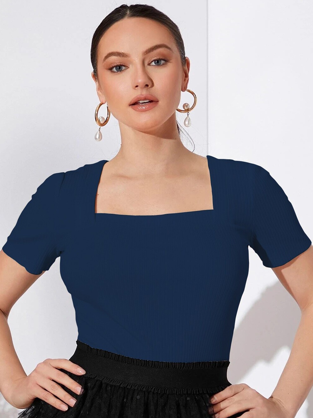 

BAESD Ribbed Square Neck Knitted Casual Top, Navy blue