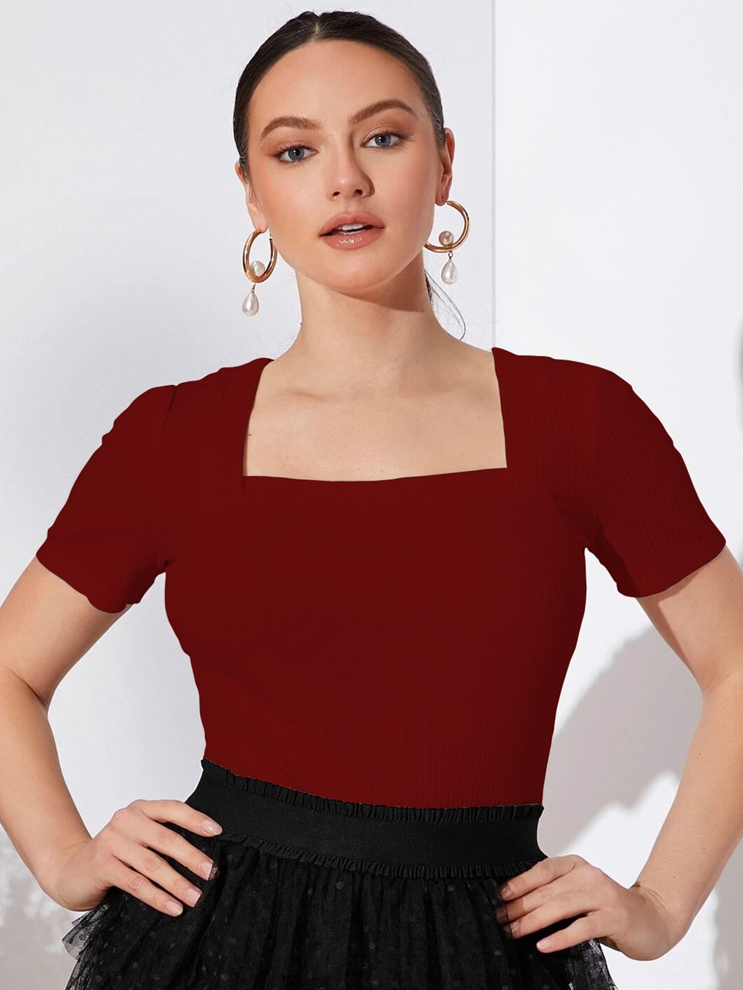 

BAESD Ribbed Square Neck Knitted Casual Top, Maroon