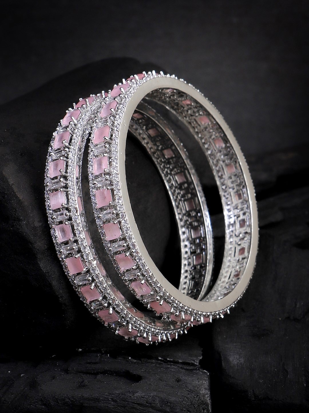 

Adwitiya Collection Set Of 2 Rhodium-Plated Stone-Studded Bangles, Silver