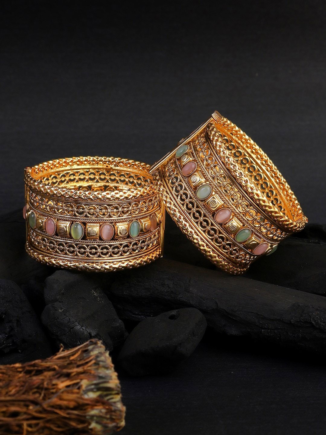 

Adwitiya Collection Set Of 2 Gold-Plated Stones-Studded Bangle