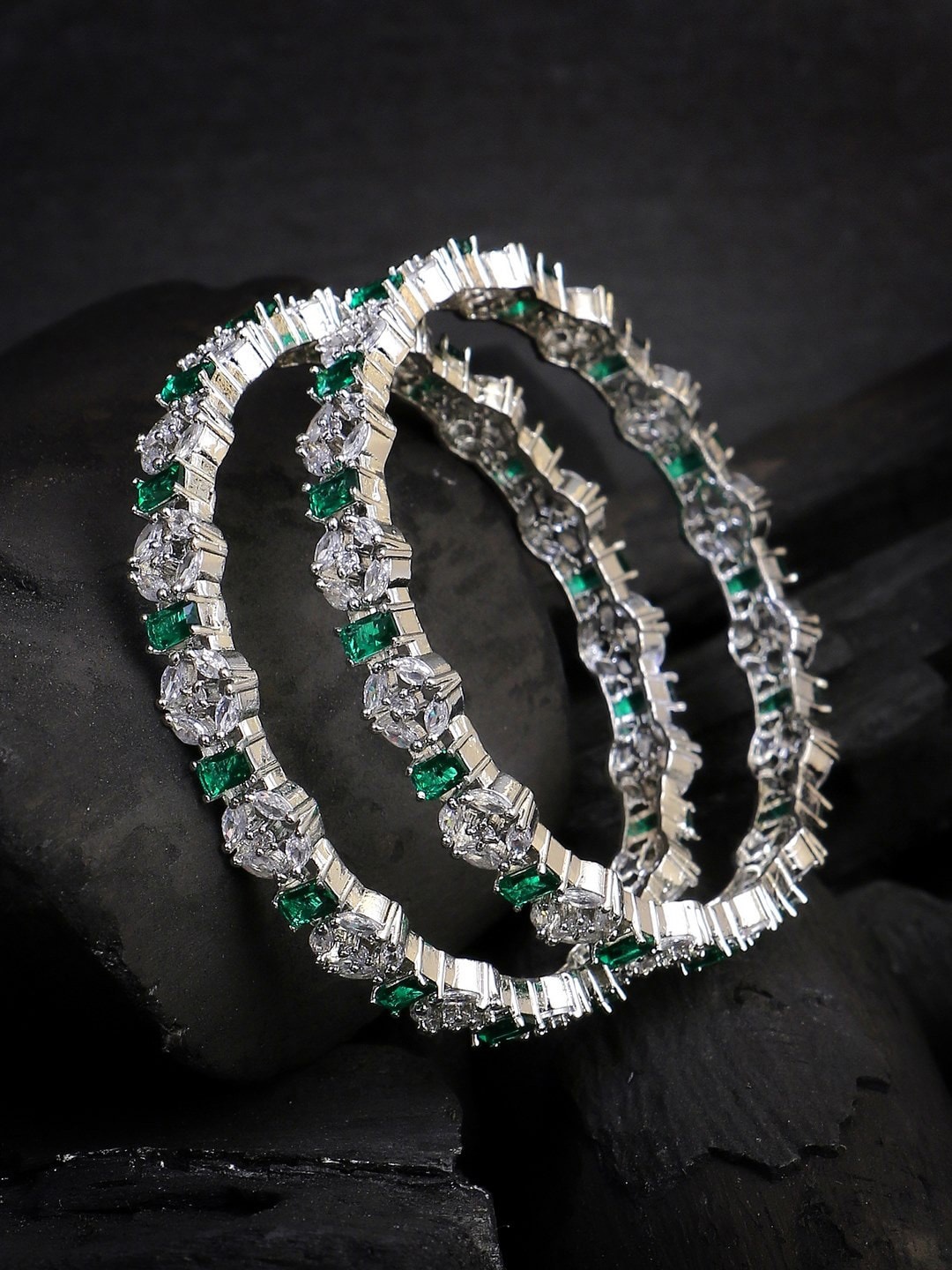 

Adwitiya Collection Set Of 2 Silver-Plated Stones-Studded Bangles
