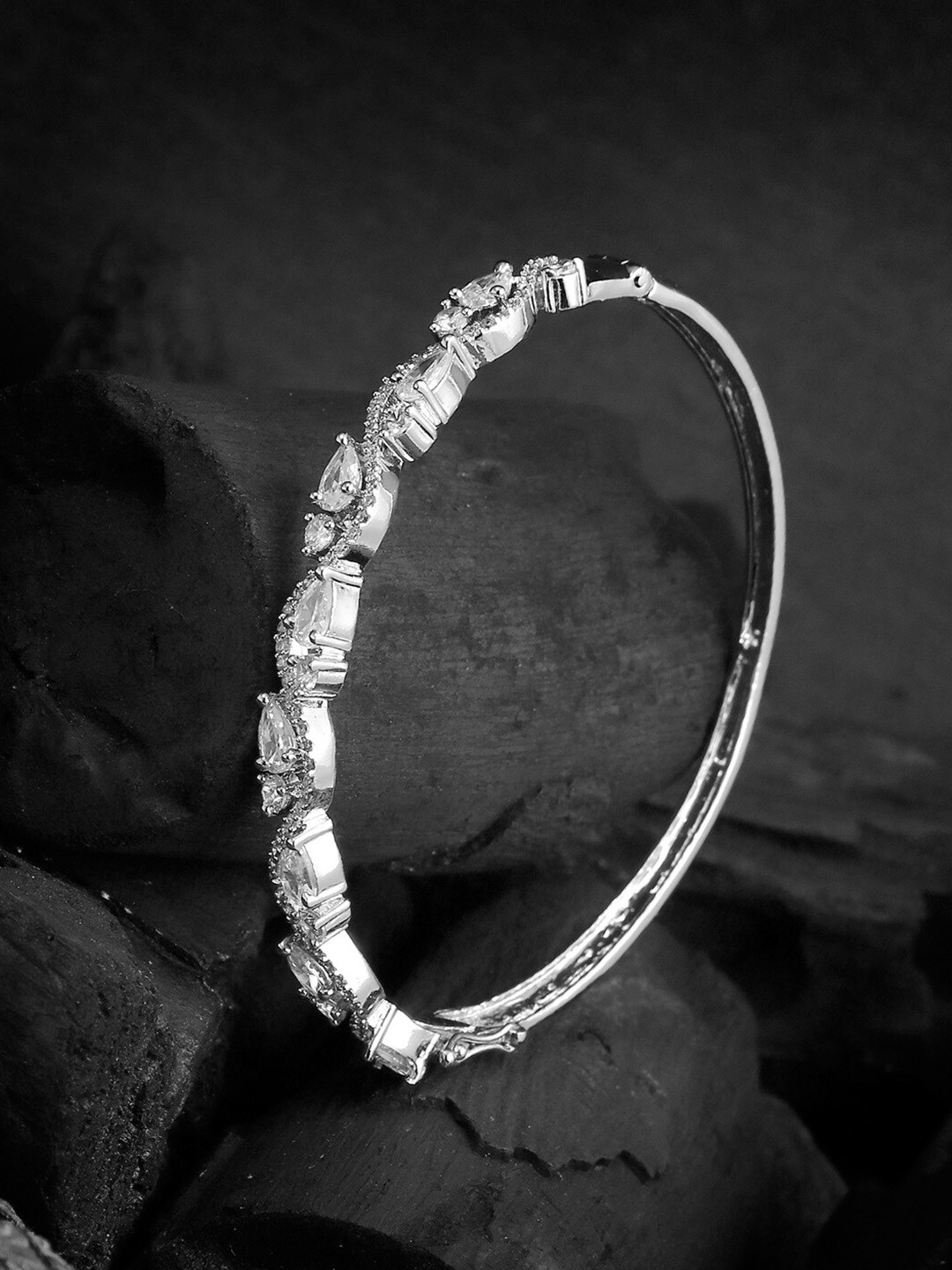 

Adwitiya Collection Rhodium-Plated Stone-Studded Bangle-Style Bracelet, Silver