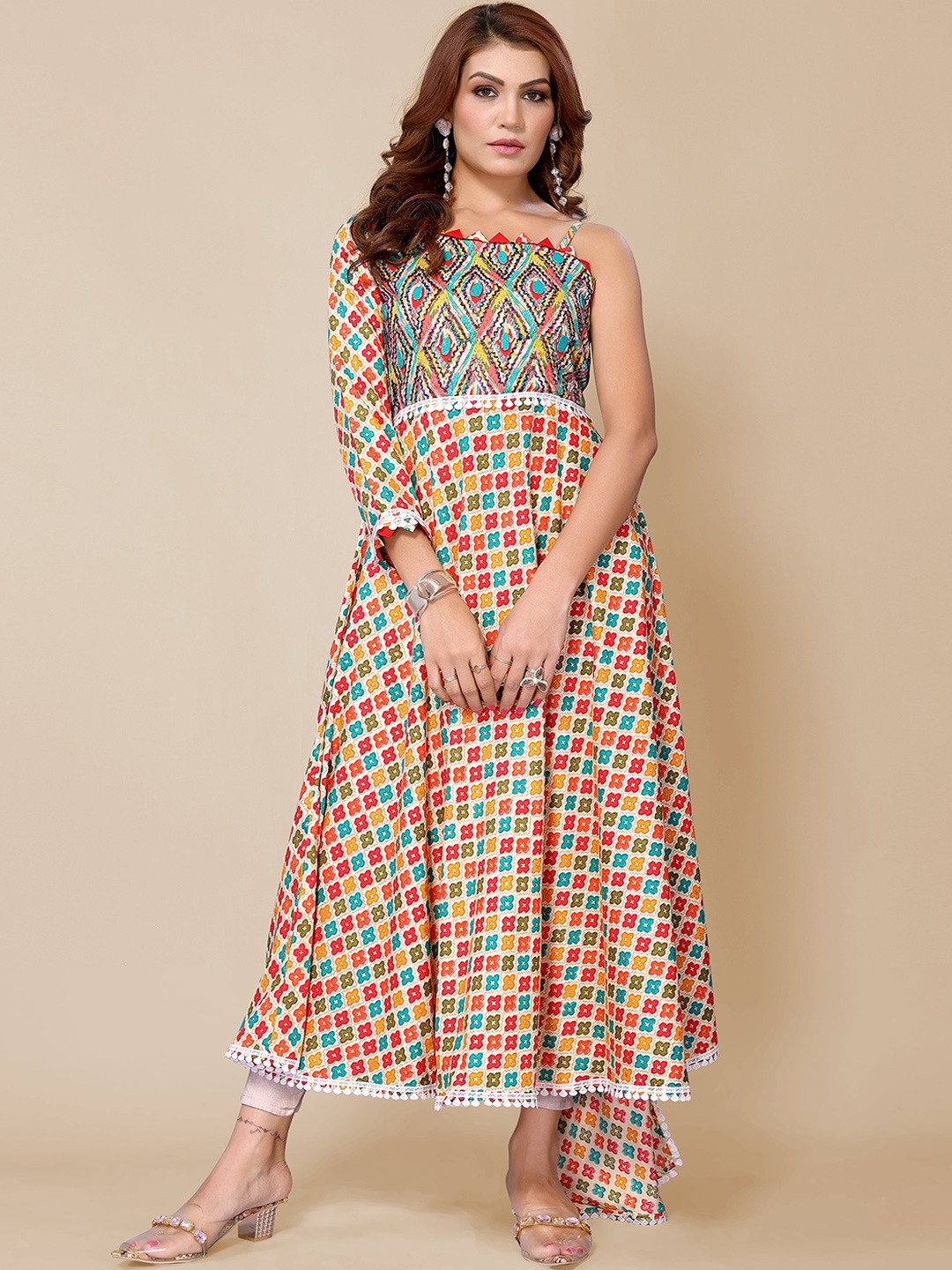 

TITANIUM SILK INDUSTRIES PVT. LTD. Ethnic Motifs Printed Beads & Stones Anarkali Kurta, Orange
