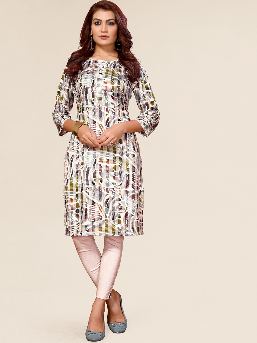 

TITANIUM SILK INDUSTRIES PVT. LTD. Abstract Printed Kantha Work Straight Kurta, Grey