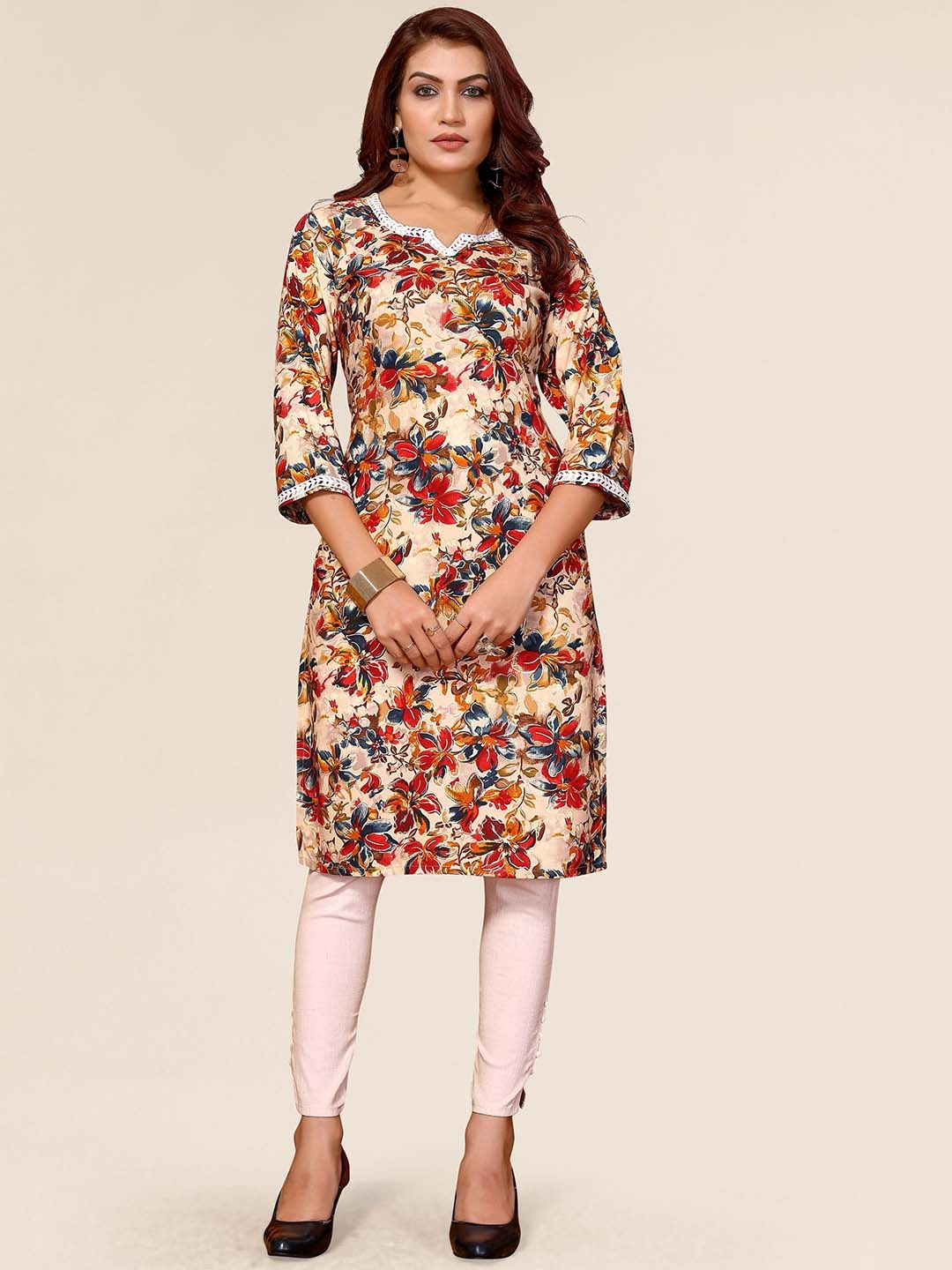 

TITANIUM SILK INDUSTRIES PVT. LTD. Floral Printed Kurta, Beige