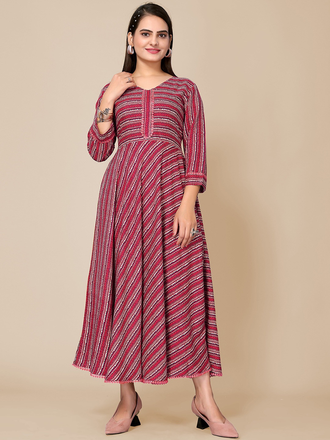 

TITANIUM SILK INDUSTRIES PVT. LTD. Striped Anarkali Pure Cotton Kurta, Maroon