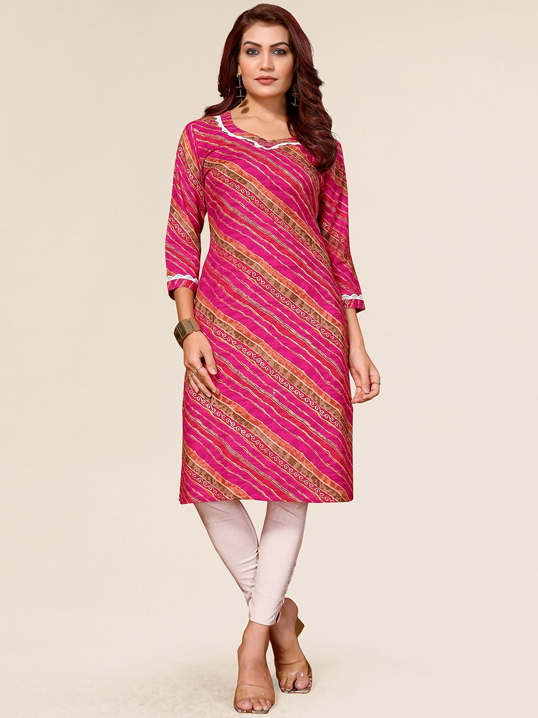 

TITANIUM SILK INDUSTRIES PVT. LTD. Striped V-Neck Straight Kurta, Pink