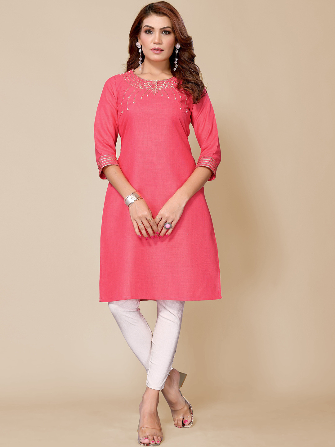 

TITANIUM SILK INDUSTRIES PVT. LTD. Embellished Thread Work Straight Kurta, Pink
