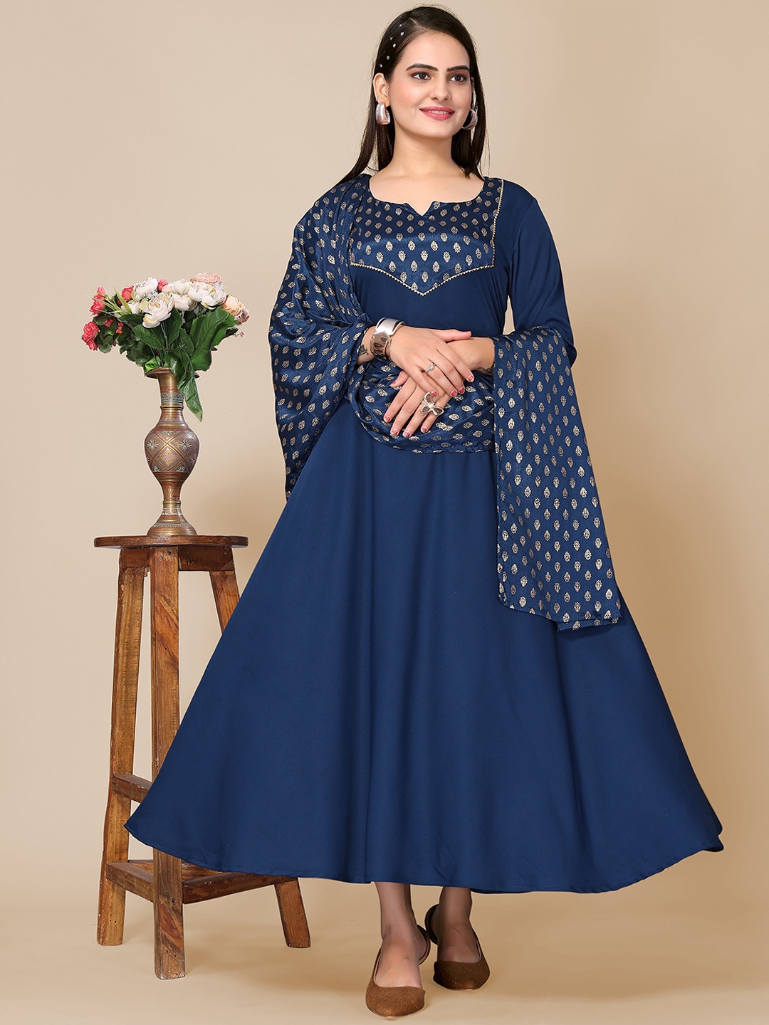 

TITANIUM SILK INDUSTRIES PVT. LTD. Ethnic Motifs Yoke Design A-Line Kurta With Dupatta, Navy blue