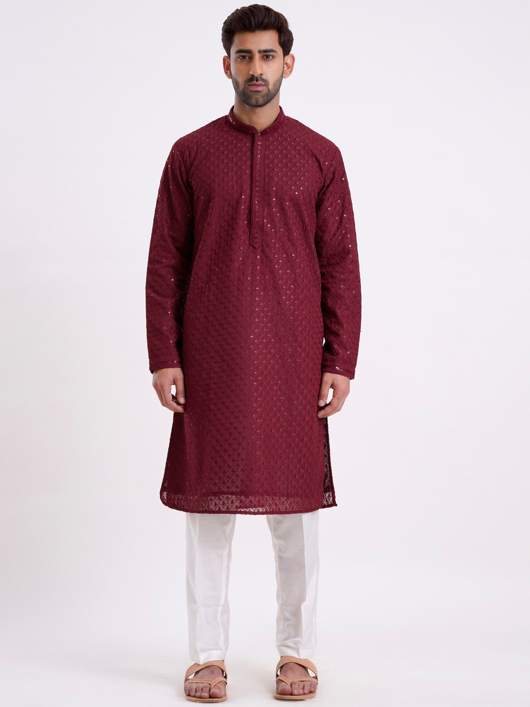 

KALPRAAG Ethnic Motifs Embroidered Chikankari Kurta With Trousers, Maroon