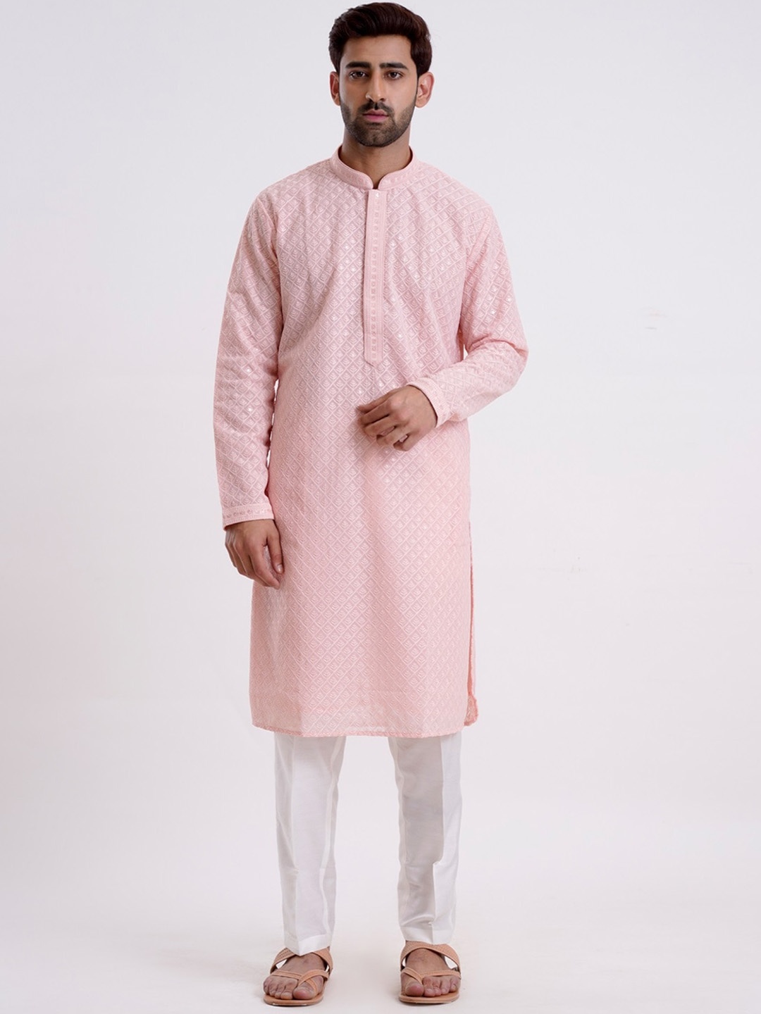 

KALPRAAG Ethnic Motifs Mandarin Collar Chikankari Embroidered Regular Sequinned Kurta Set, Pink