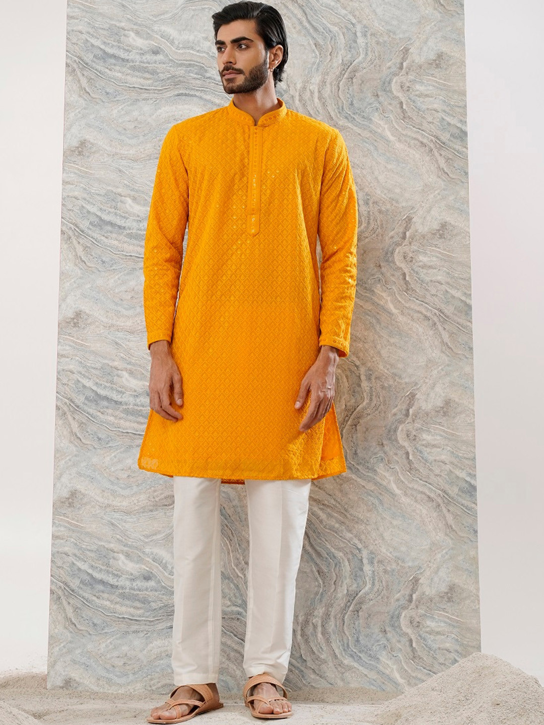 

KALPRAAG Ethnic Motifs Embroidered Regular Chikankari Kurta With Trousers, Yellow