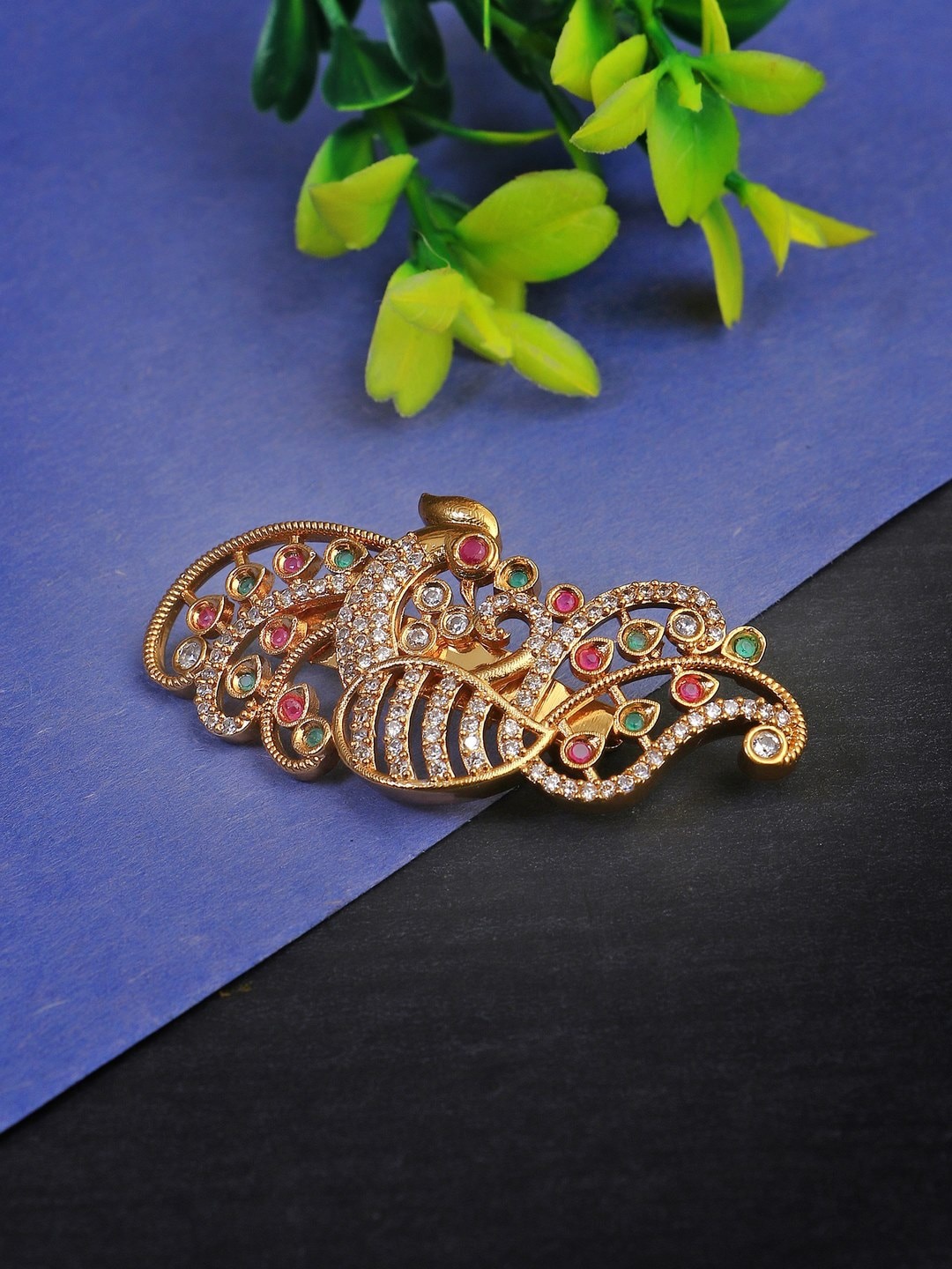 

Adwitiya Collection Gold Plated Stone-Studded Peacock Design Brooch