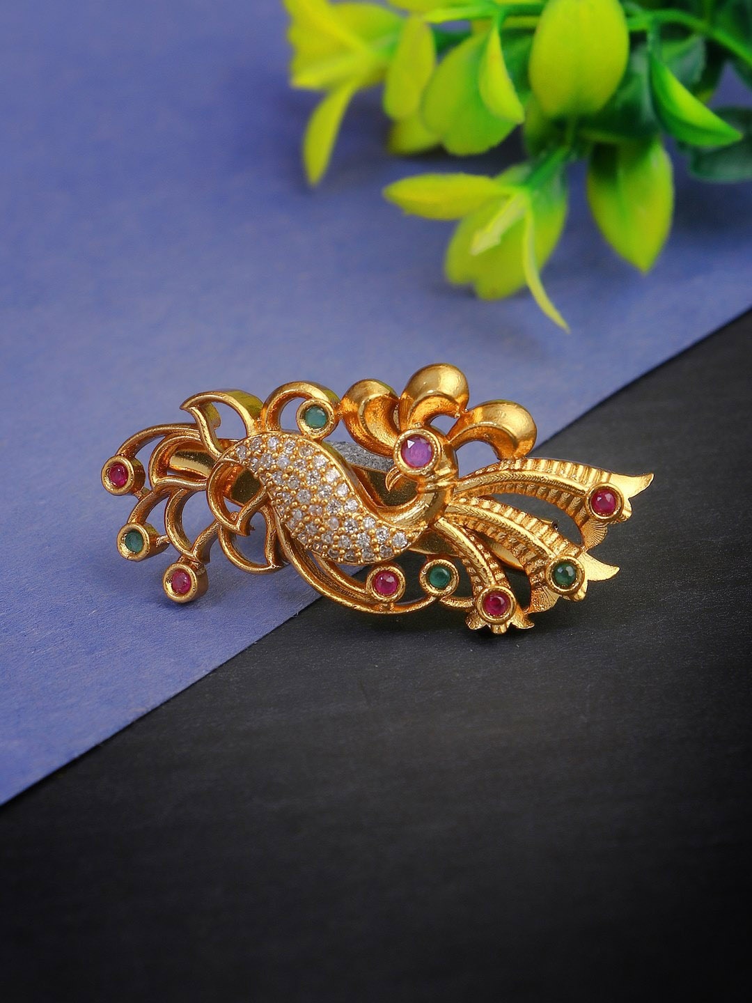 

Adwitiya Collection Gold-Plated Stone Studded Peacock Design Brooch