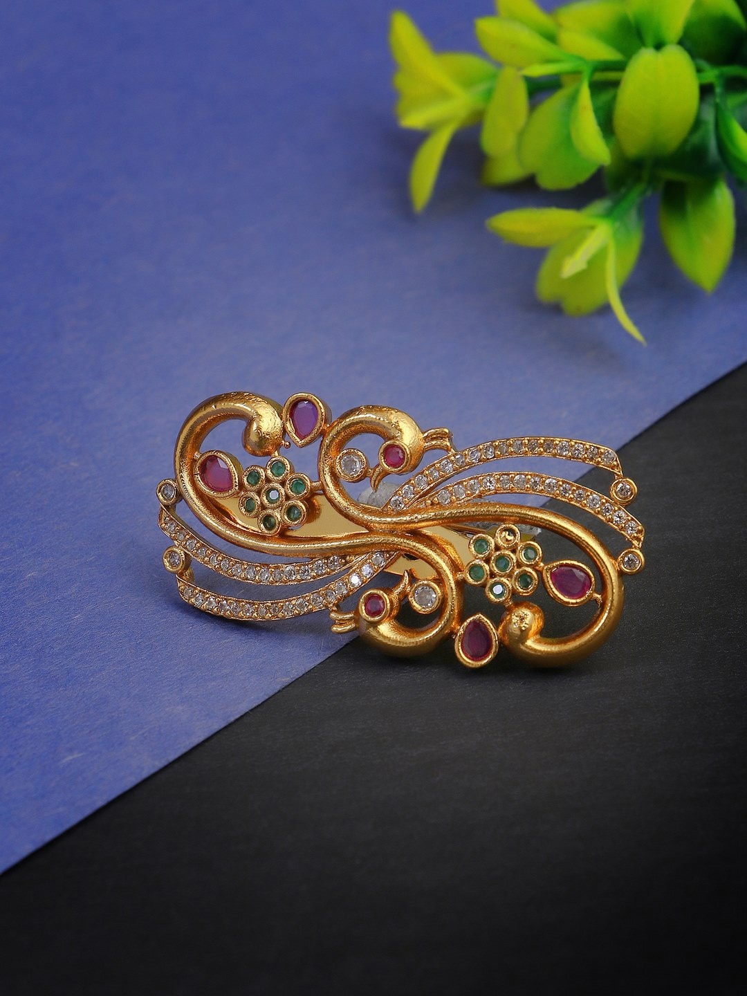 

Adwitiya Collection Peacock Design Brooch, Gold