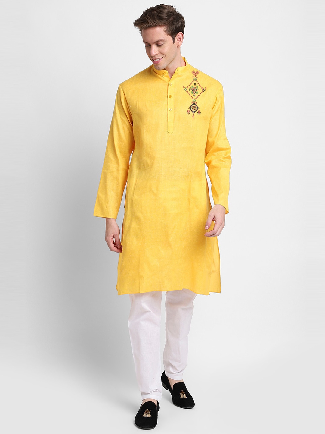

DEVOILER Ethnic Motif Printed Mandarin Collar Cotton Kurta, Yellow