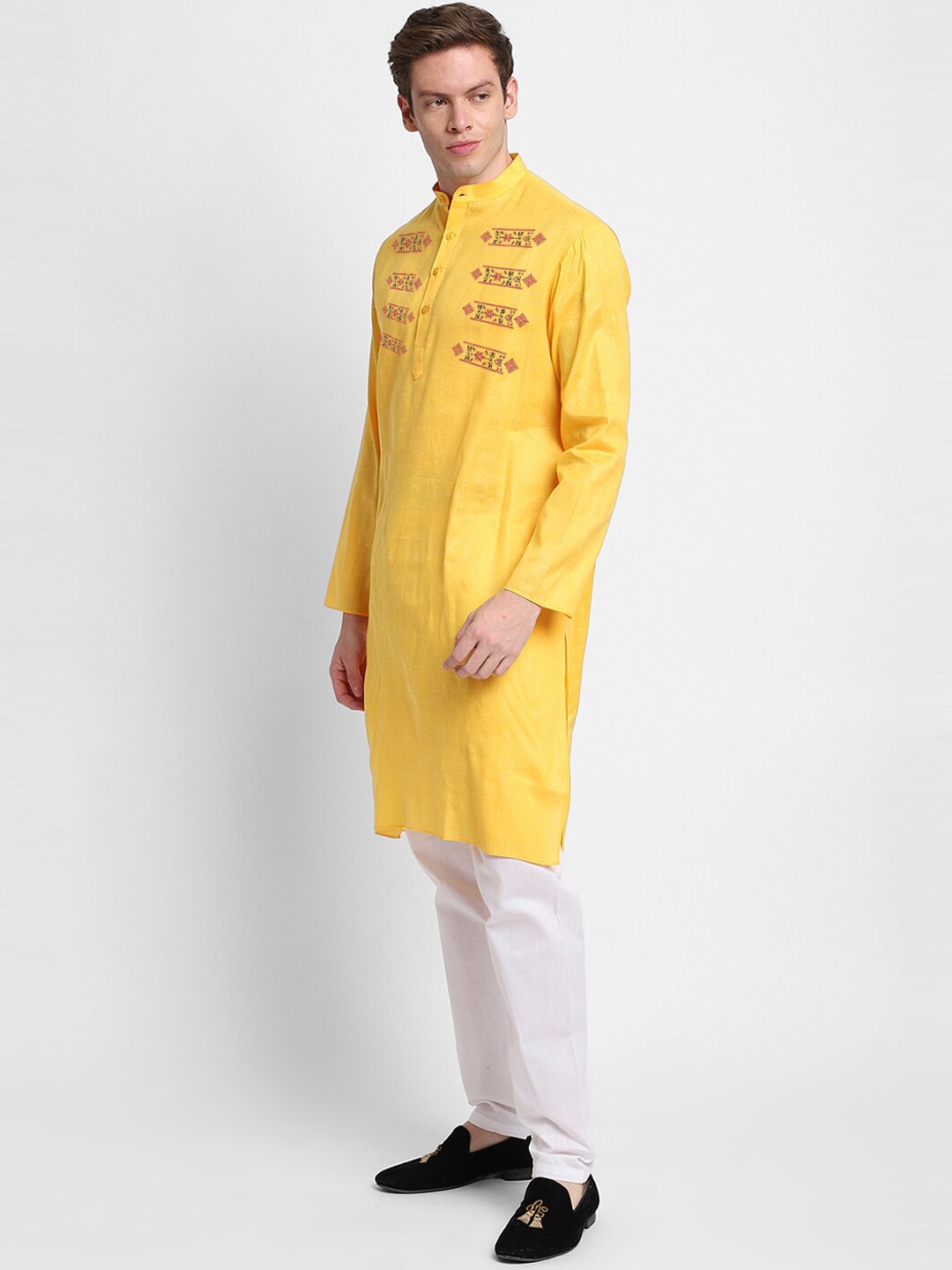 

DEVOILER Ethnic Motif Printed Band Collar Cotton Straight Kurta, Yellow