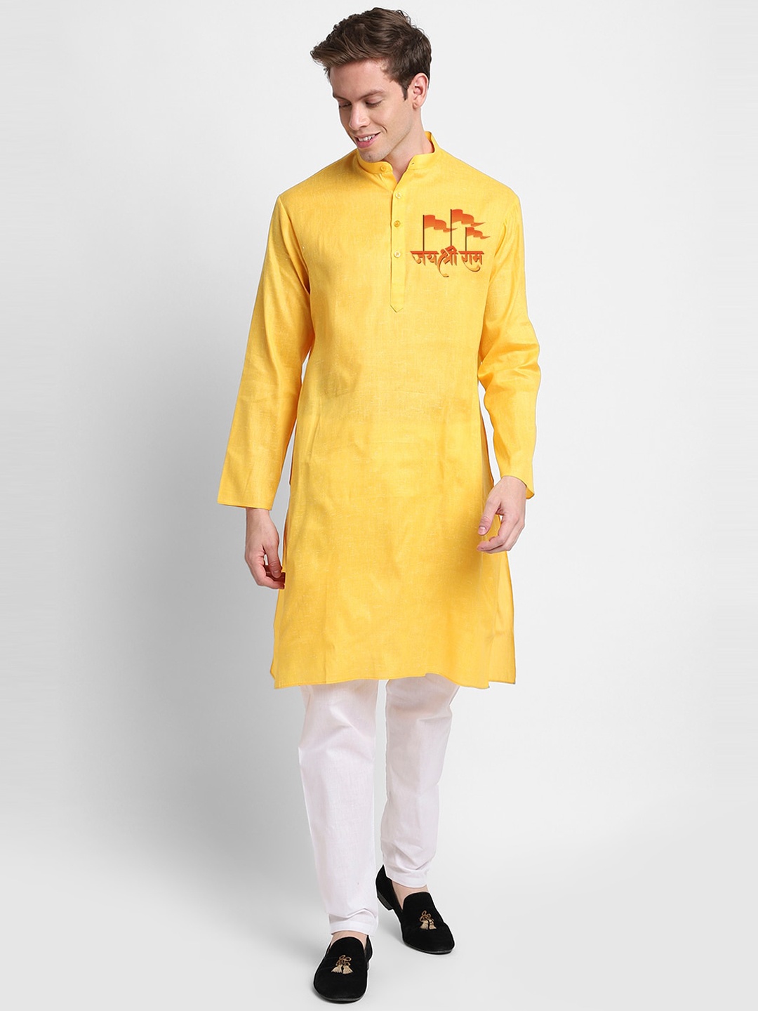 

DEVOILER Printed Mandarin Collar Straight Kurta, Yellow