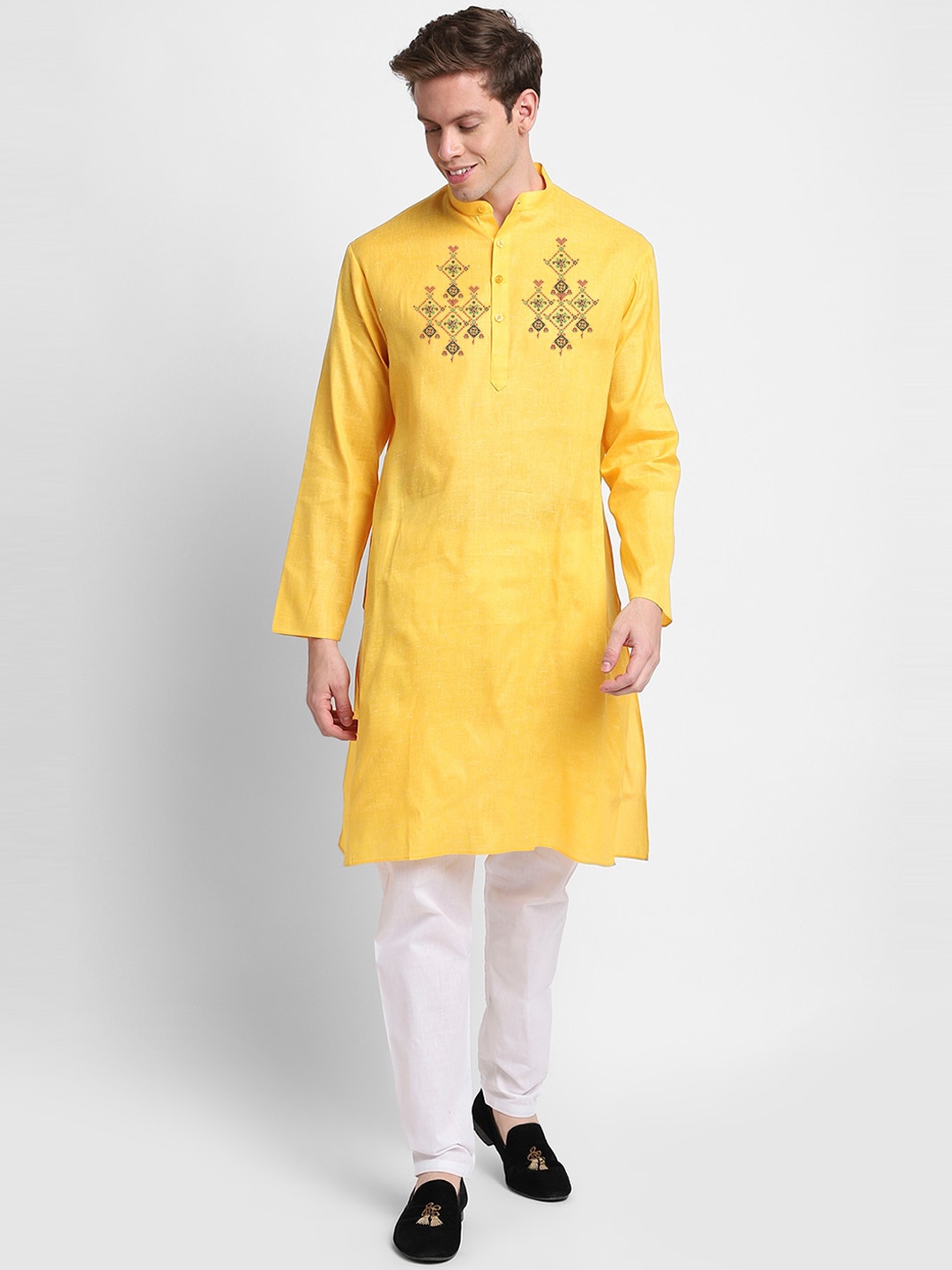 

DEVOILER Ethnic Motif Printed Band Collar Cotton Straight Kurta, Yellow