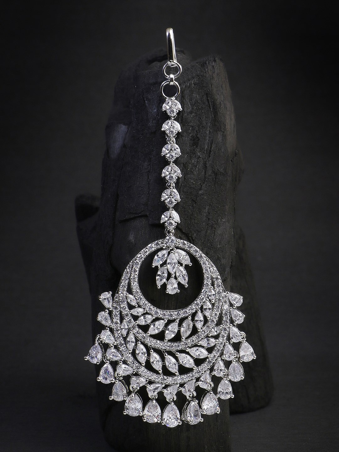

Adwitiya Collection Rhodium-Plated Stone-Studded Head Maangtikka, Silver