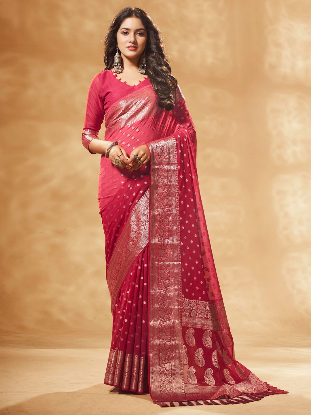 

V3 FASHION STUDIO Ethnic Motifs Woven Design Zari Pure Georgette Banarasi Saree, Red