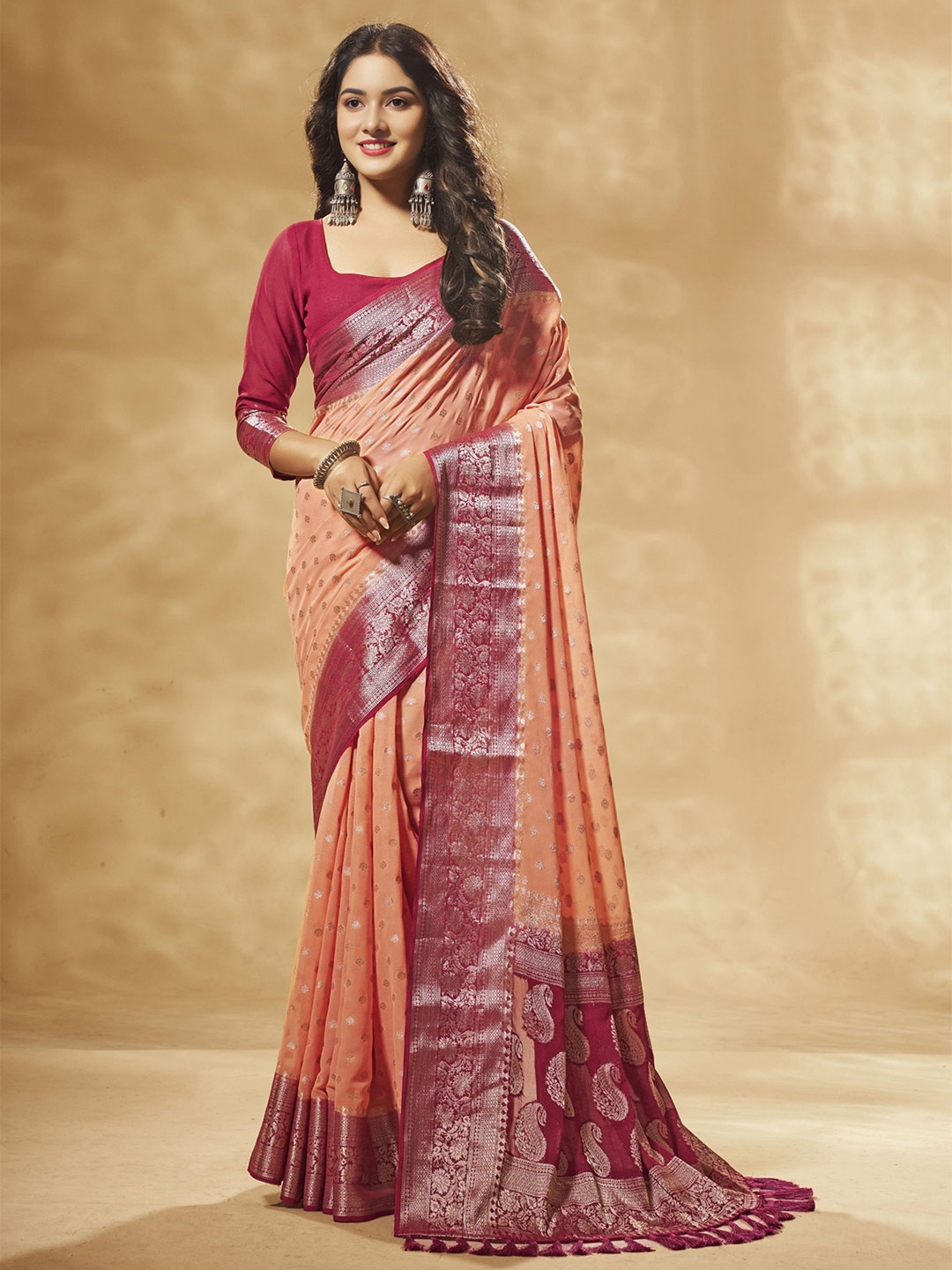 

V3 FASHION STUDIO Ethnic Motifs Woven Design Zari Pure Georgette Banarasi Saree, Peach