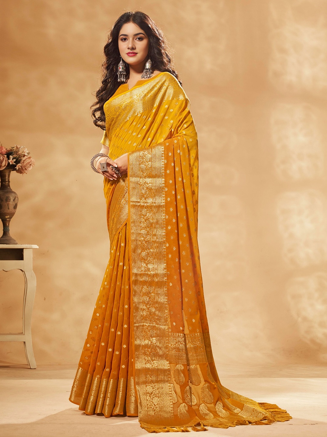 

V3 FASHION STUDIO Ethnic Motifs Woven Design Zari Pure Georgette Banarasi Saree, Mustard