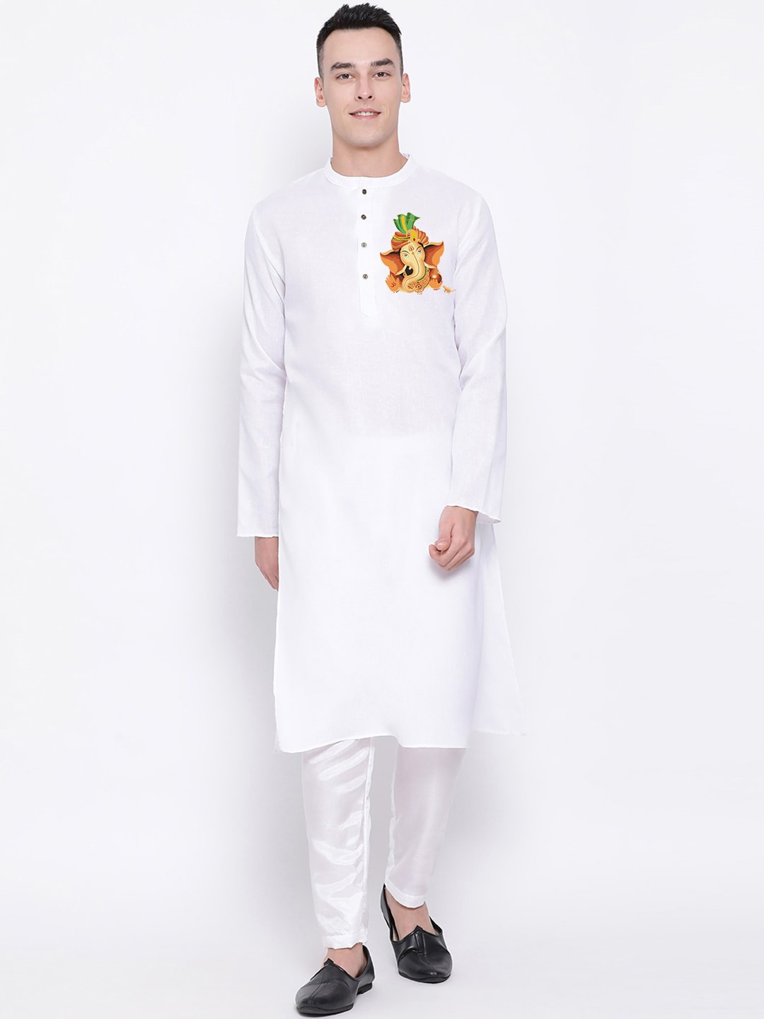 

DEVOILER Ethnic Motif Printed Band Collar Cotton Straight Kurta, White