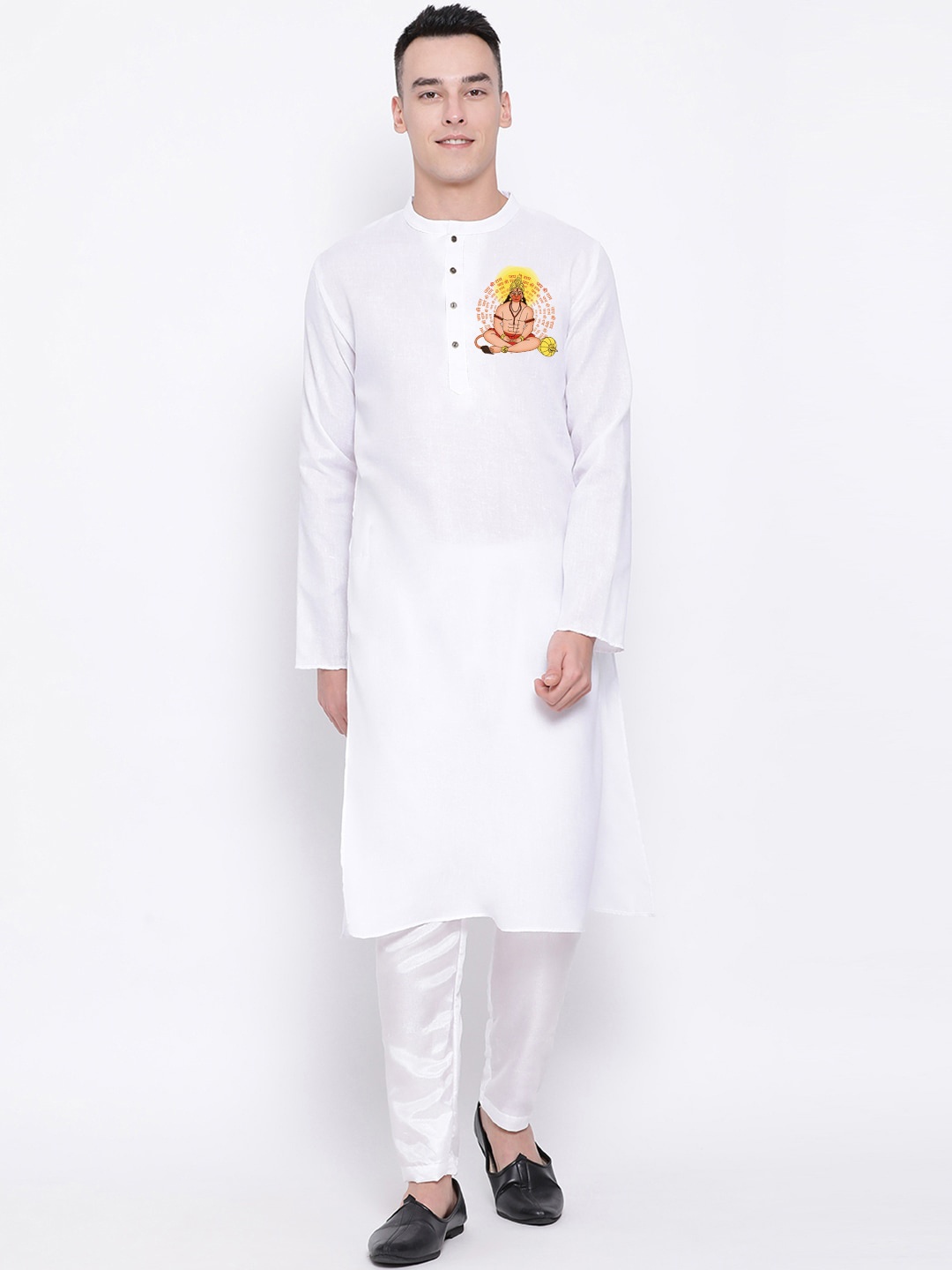 

DEVOILER Band Collar Block Print Kurta, White