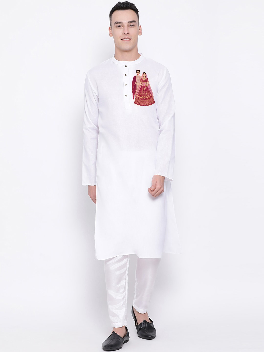 

DEVOILER Ethnic Motif Printed Band Collar Cotton Kurta, White