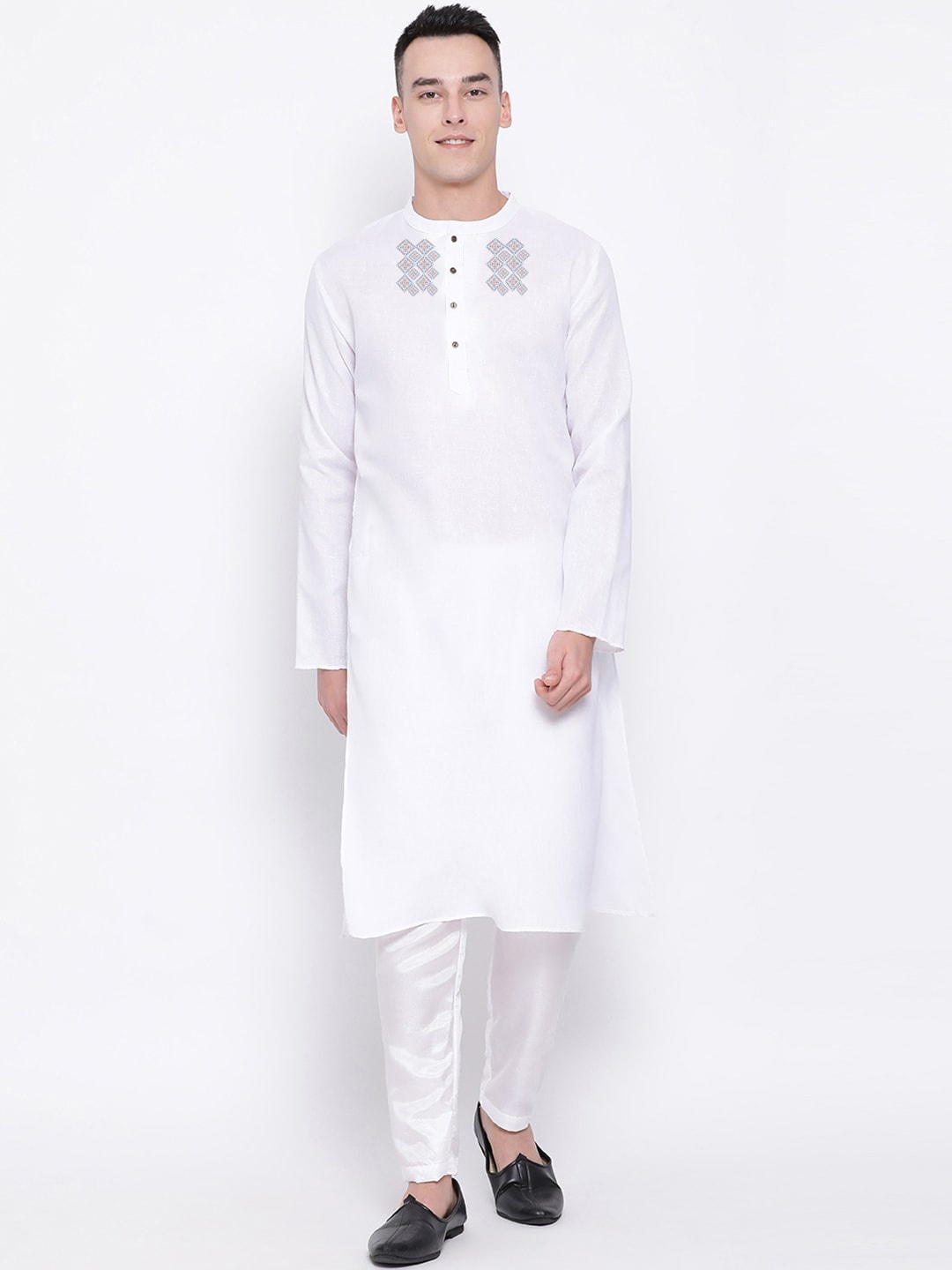 

DEVOILER Ethnic Motif Printed Band Collar Cotton Straight Kurta, White