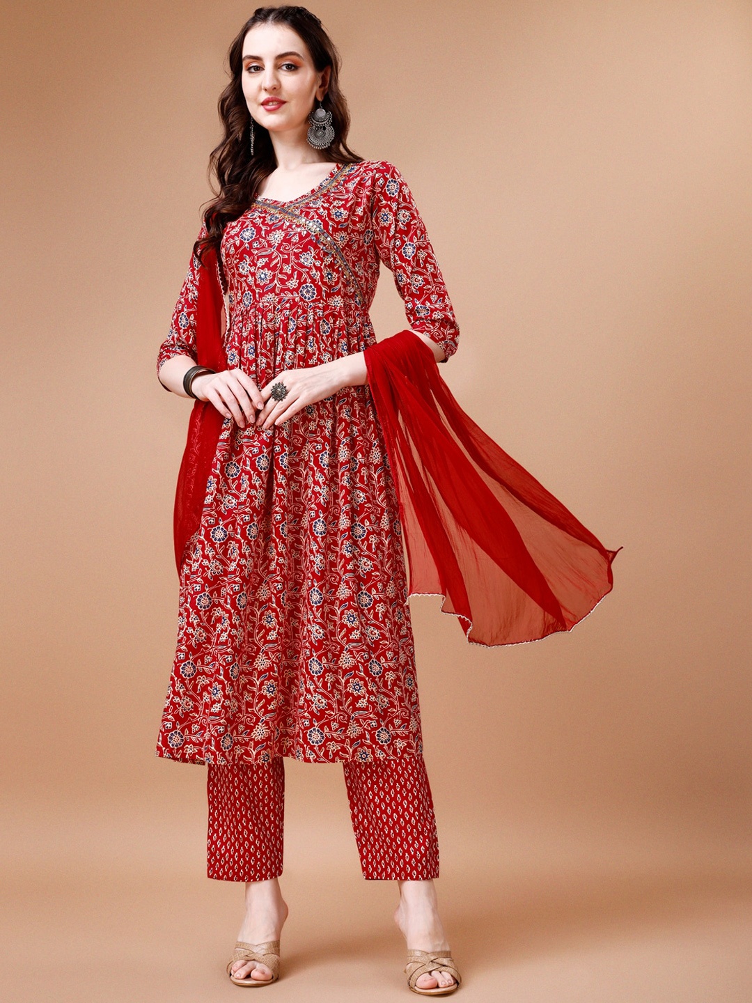 

KALINI Floral Printed Mirror Work Angrakha Kurta With Trousers & Dupatta, Red
