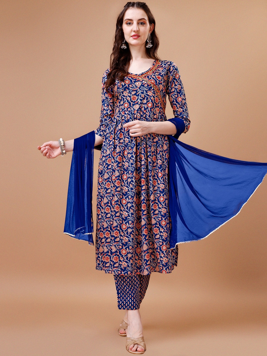 

KALINI Floral Printed Mirror Work Angrakha Kurta With Trousers & Dupatta, Navy blue