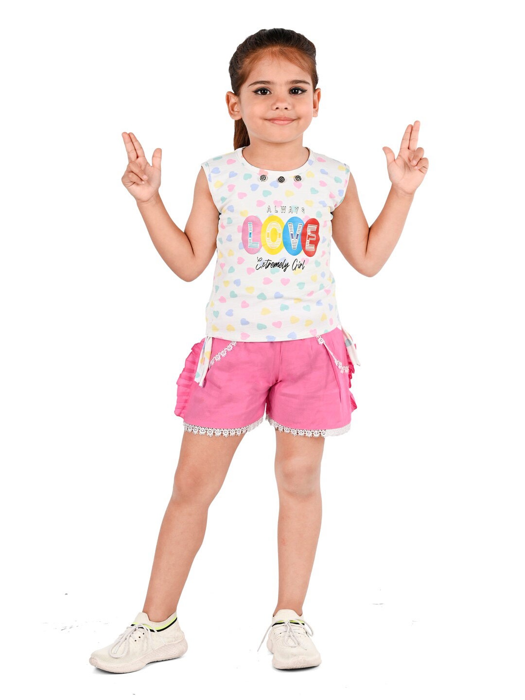 

BAESD Girls Conversational Printed Sleeveless Top with Shorts, Pink