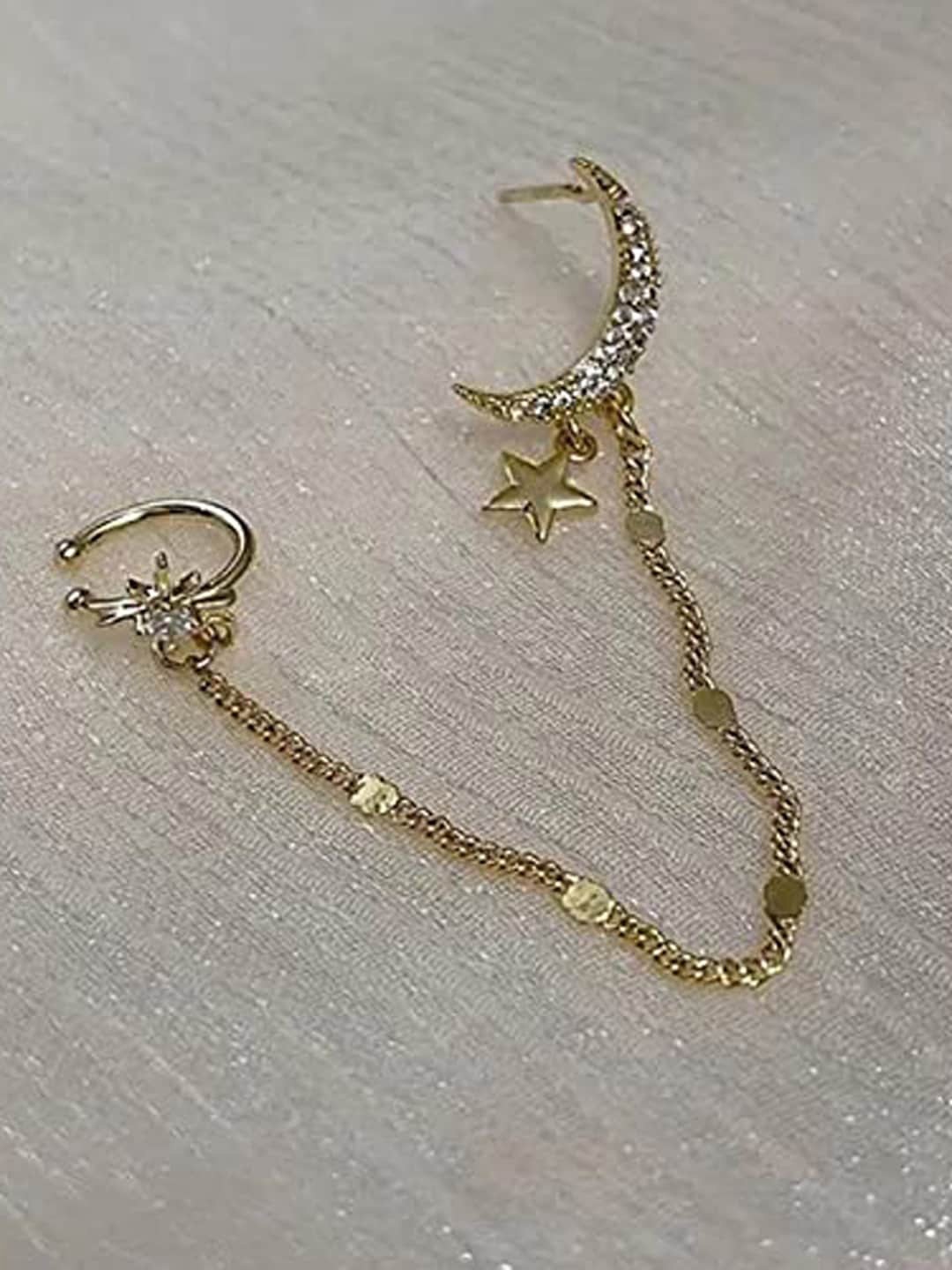 

VAGHBHATT Gold-Plated Moon Star Rhinestone Studded Long Chain Earring With Ear Cuff