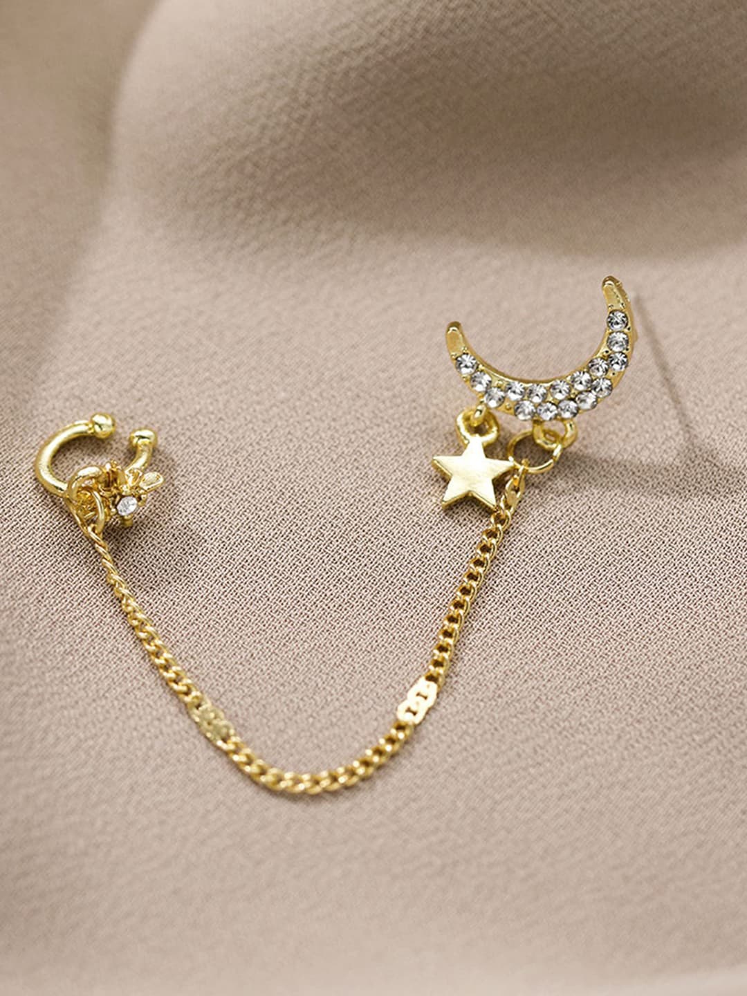 

VAGHBHATT Gold-Plated Moon Star Rhinestone Long Chain Ear Cuff
