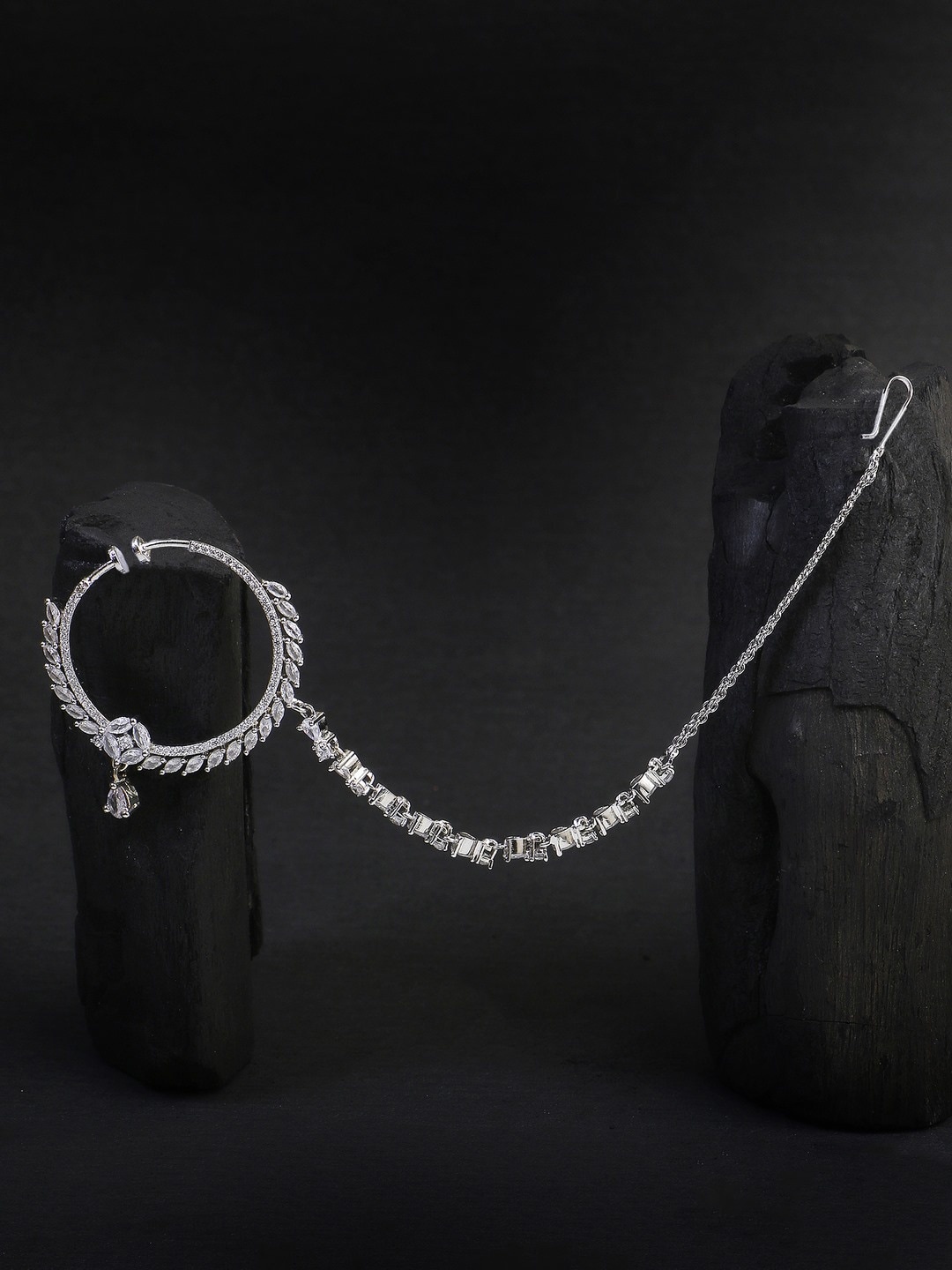 

Adwitiya Collection Rhodium Plated Stone Studded Nose Pin, Silver
