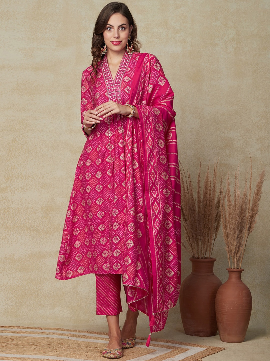 

FASHOR Ethnic Motifs Printed Mirror Work Pleated A-Line Kurta With Trousers & Dupatta, Pink