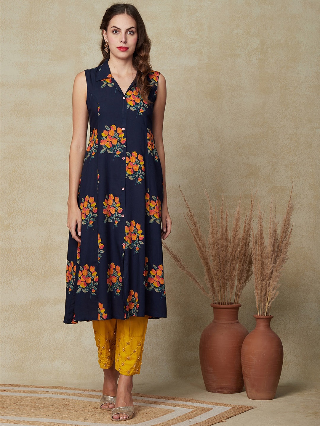 

FASHOR Floral Printed Shirt Collar A-Line Kurta, Navy blue