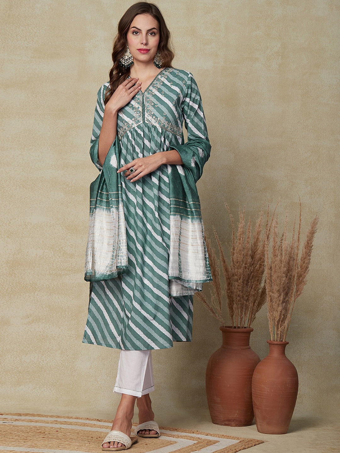 

FASHOR Green Striped Thread Work Empire Pure Cotton Kurta With Trousers & Dupatta