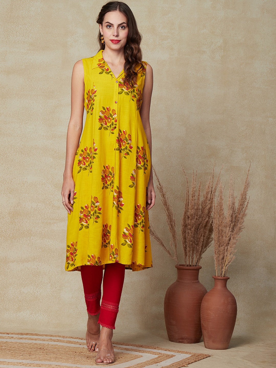 

FASHOR Floral Printed Shirt Collar Sleeveless A-Line Kurta, Yellow