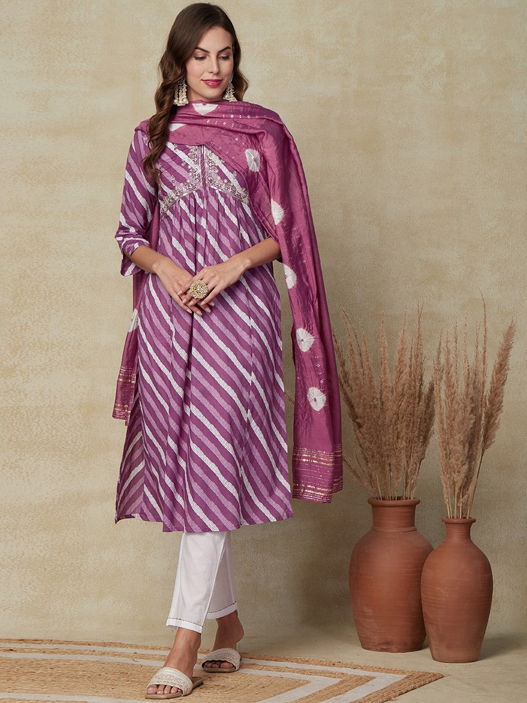 

FASHOR Striped Sequinned Pure Cotton A-line Kurta With Trousers & Dupatta, Purple