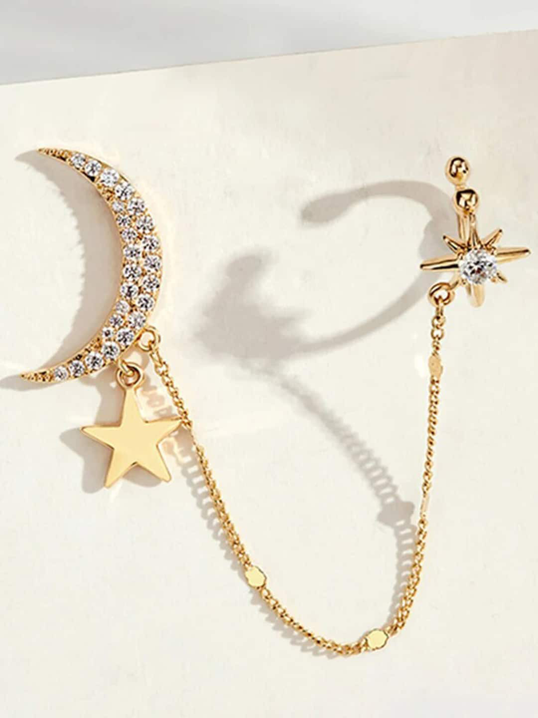 

FIMBUL Gold-Plated Moon Star Rhinestone Long Chain Drop Earrings