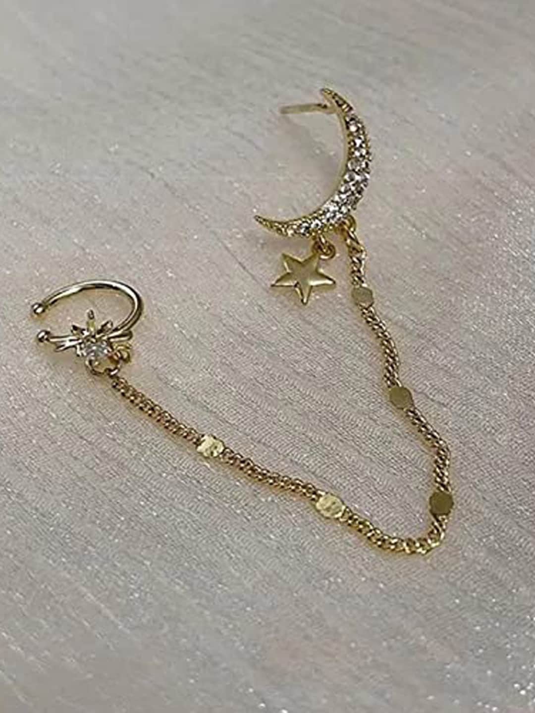 

FIMBUL Gold-Plated Moon Star Rhinestone Long Chain Drop Ear Cuff Earring